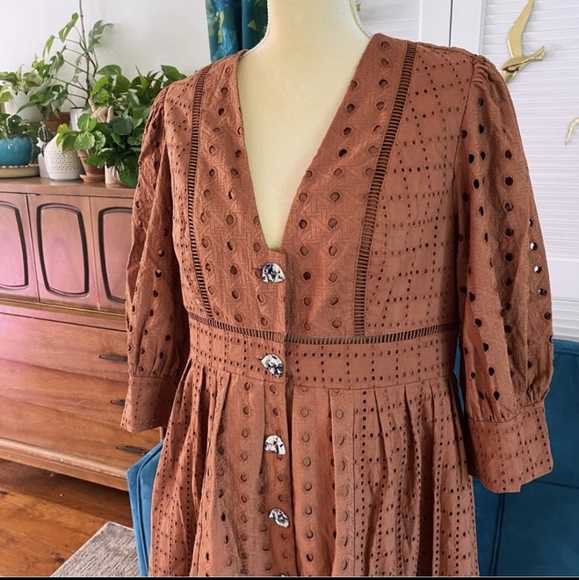 ASOS DESIGN | Button Through Broderie Midi Dress Brown Desert Bohemian New 12 - Picture 10 of 11